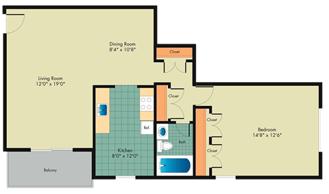 Floor plan for 1 bed, 1 bath, 787 sqft